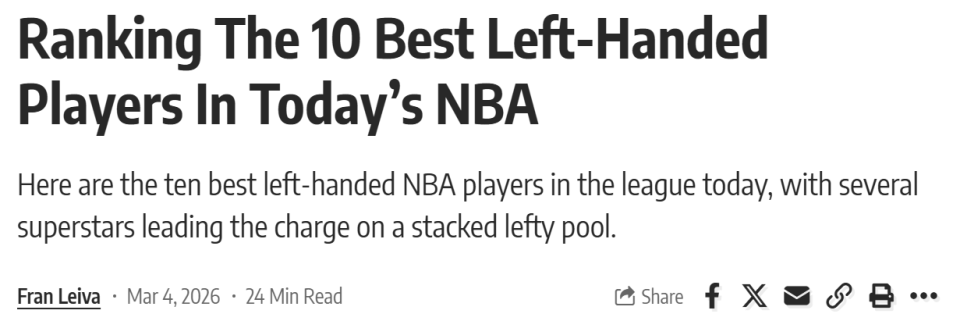 开云入口-NBA现役左撇子球员TOP10！勇士波杰压线入选 一人力压哈登排第一